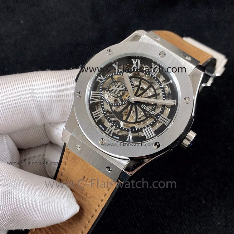 Best Copy Hublot Classic Fusion Skeleton Brown Gummy Strap Watch